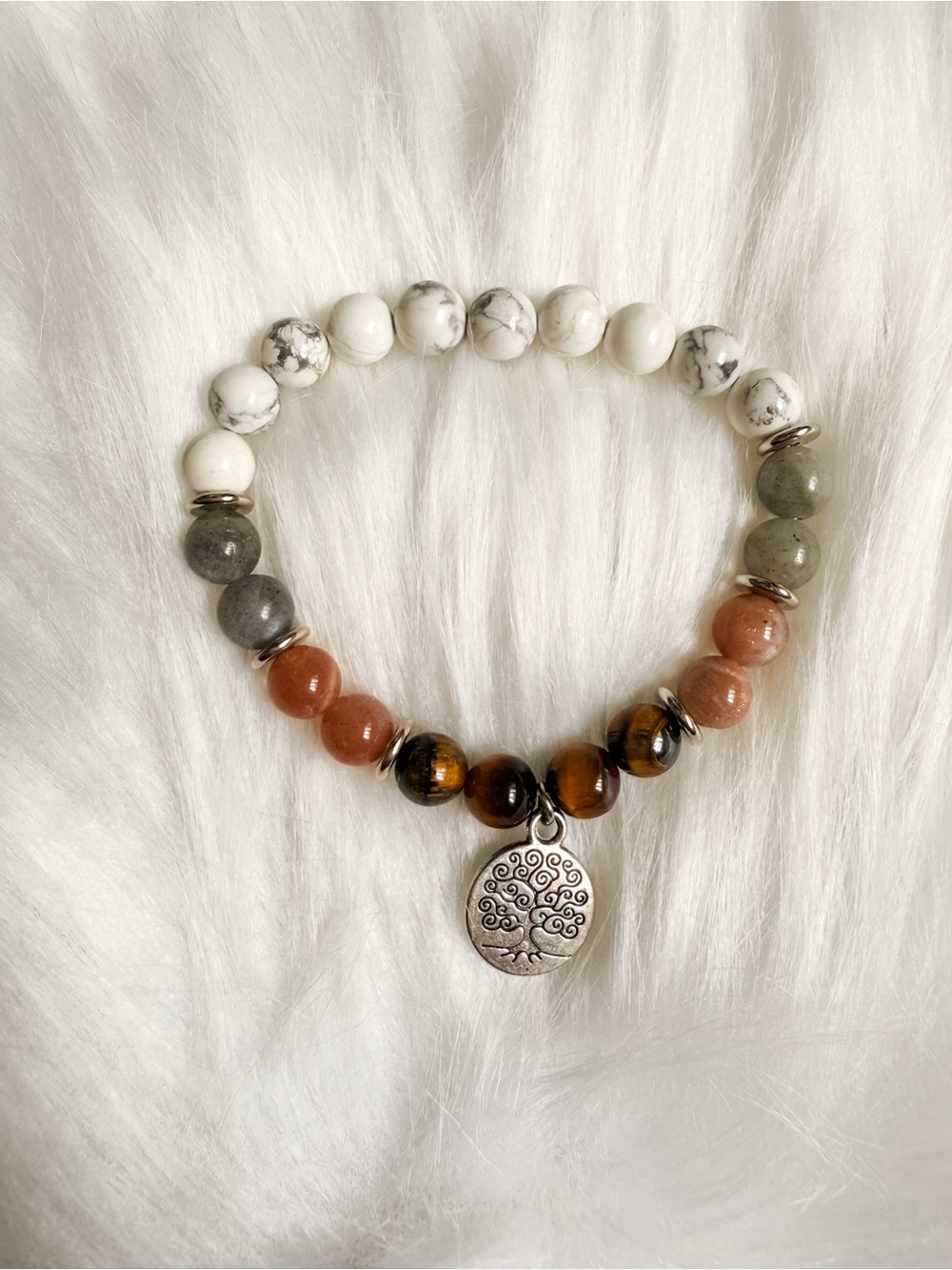 Tiger Eye Peach Moonstone, Labradorite Green Aventurine Tree of Life Bracelet